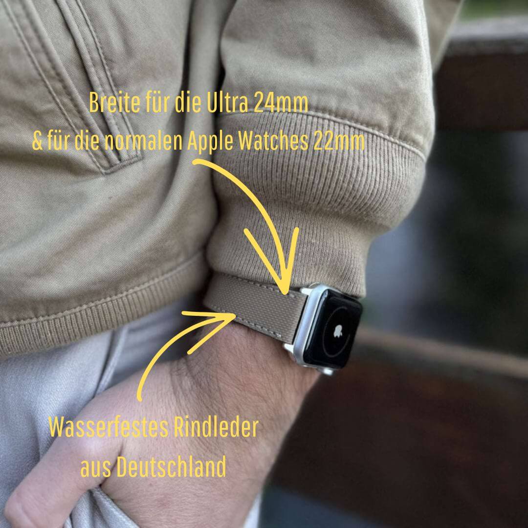 Beiges Apple Watch Lederarmband Wasserfest | Nautilus am Handgelenk, aus wasserfestem deutschem Rindleder, geeignet für Alltag und Sport.
