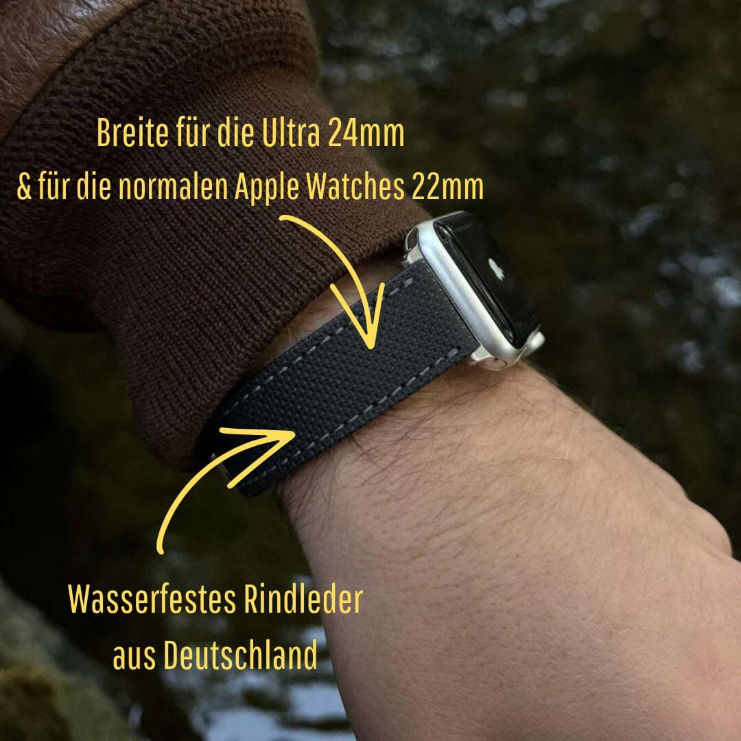 Nautilus Apple Watch Lederarmband – Schwarz, Wasserfest, aus deutschem Rindleder, wasserfest und kratzfest, für Sport und Alltag.