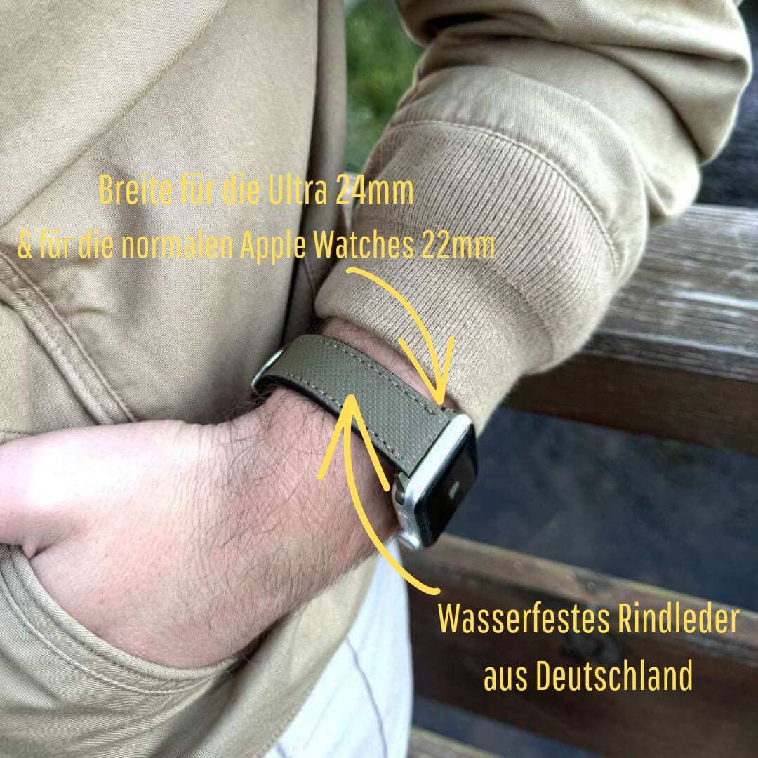 Träger mit olivgrünem Apple Watch Lederarmband, Wasserfest | Nautilus; gefertigt aus deutschem Rindleder, ideal für Sport und Outdoor.