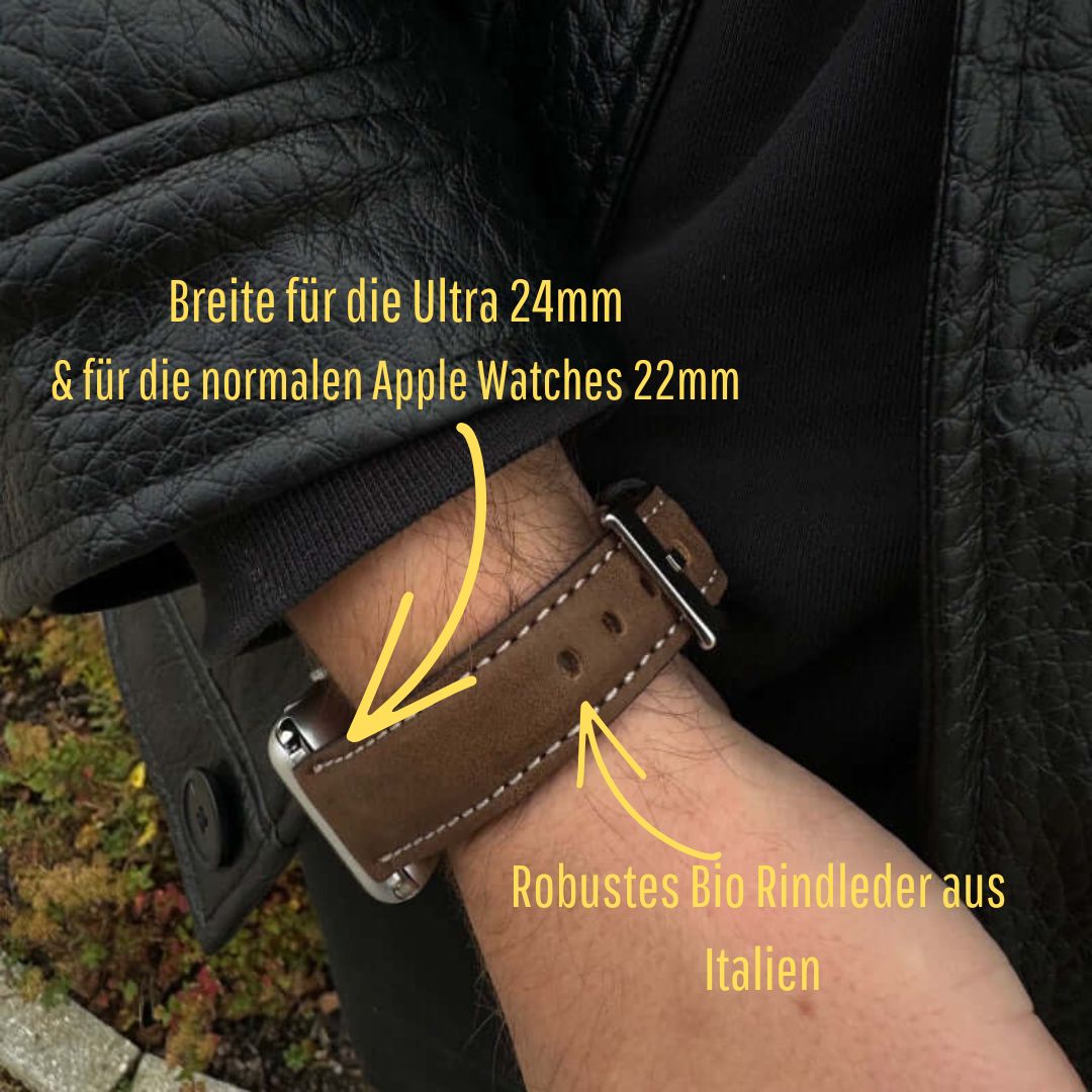 Apple Watch Lederarmband Casablanca – Dunkelbraun am Handgelenk mit Breitenangabe für Ultra 24mm und 22mm für normale Modelle