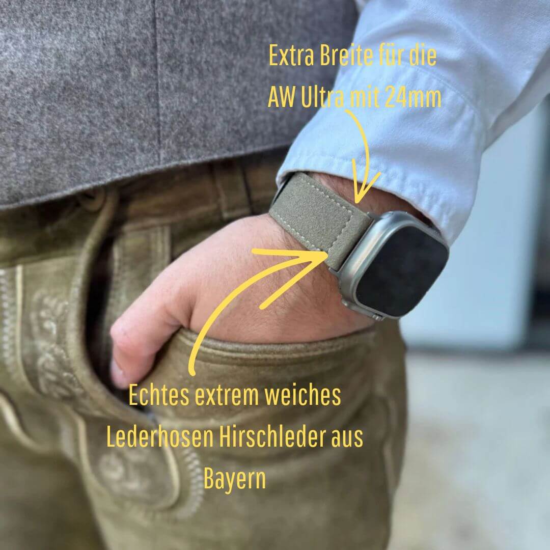 Beiges 24mm Apple Watch Ultra Lederhosen Armband – aus altsämisch gegerbtem Hirschleder, getragen an einem Handgelenk.