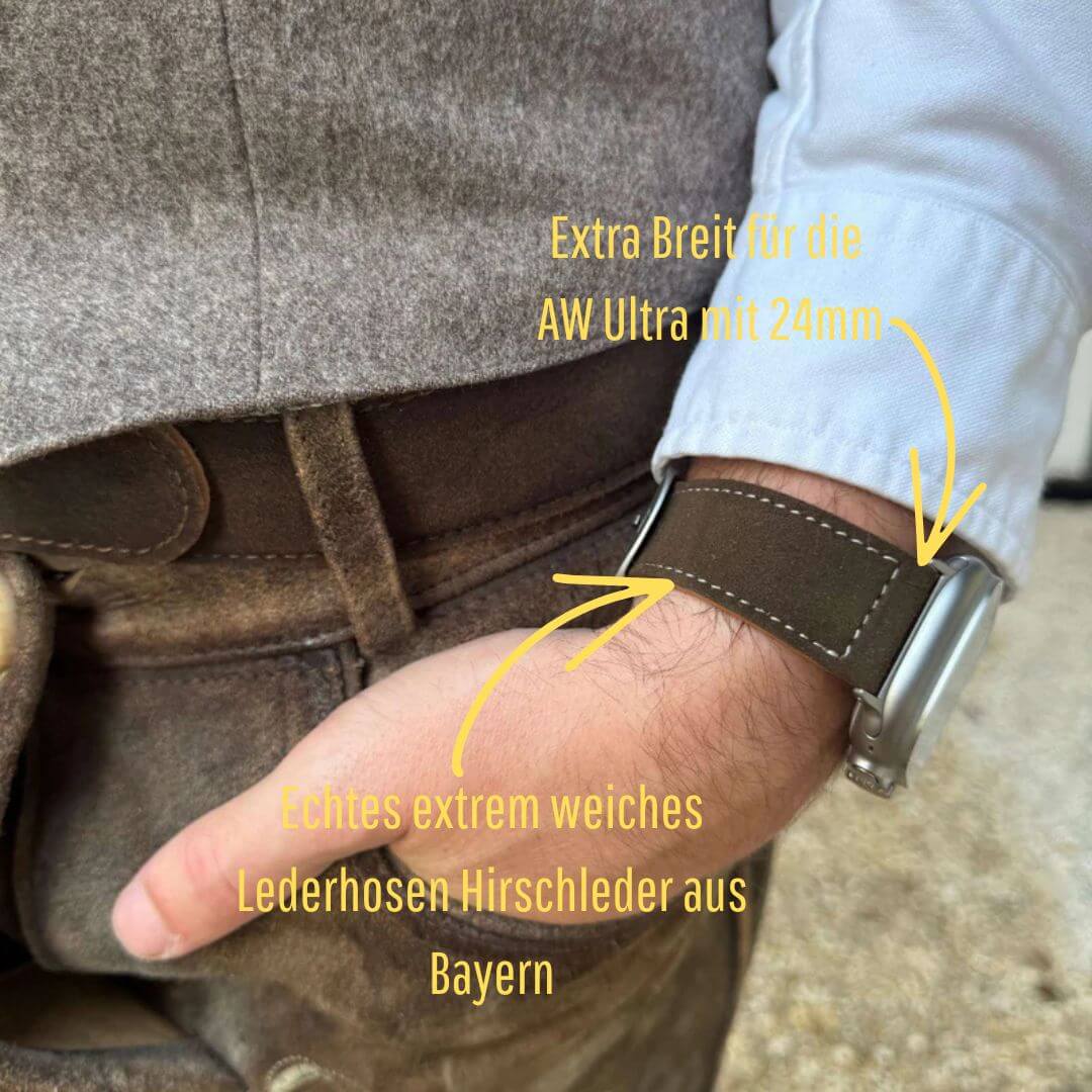 Dunkelbraunes 24mm Apple Watch Ultra Lederhosen Armband – aus altsämisch gegerbtem Hirschleder, handgemacht und elegant.