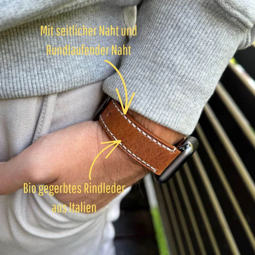 Apple Watch Ultra Lederarmband – Hellbraun, extra breit 24 mm am Handgelenk mit Seitennähten und italienischem Bio-Leder.