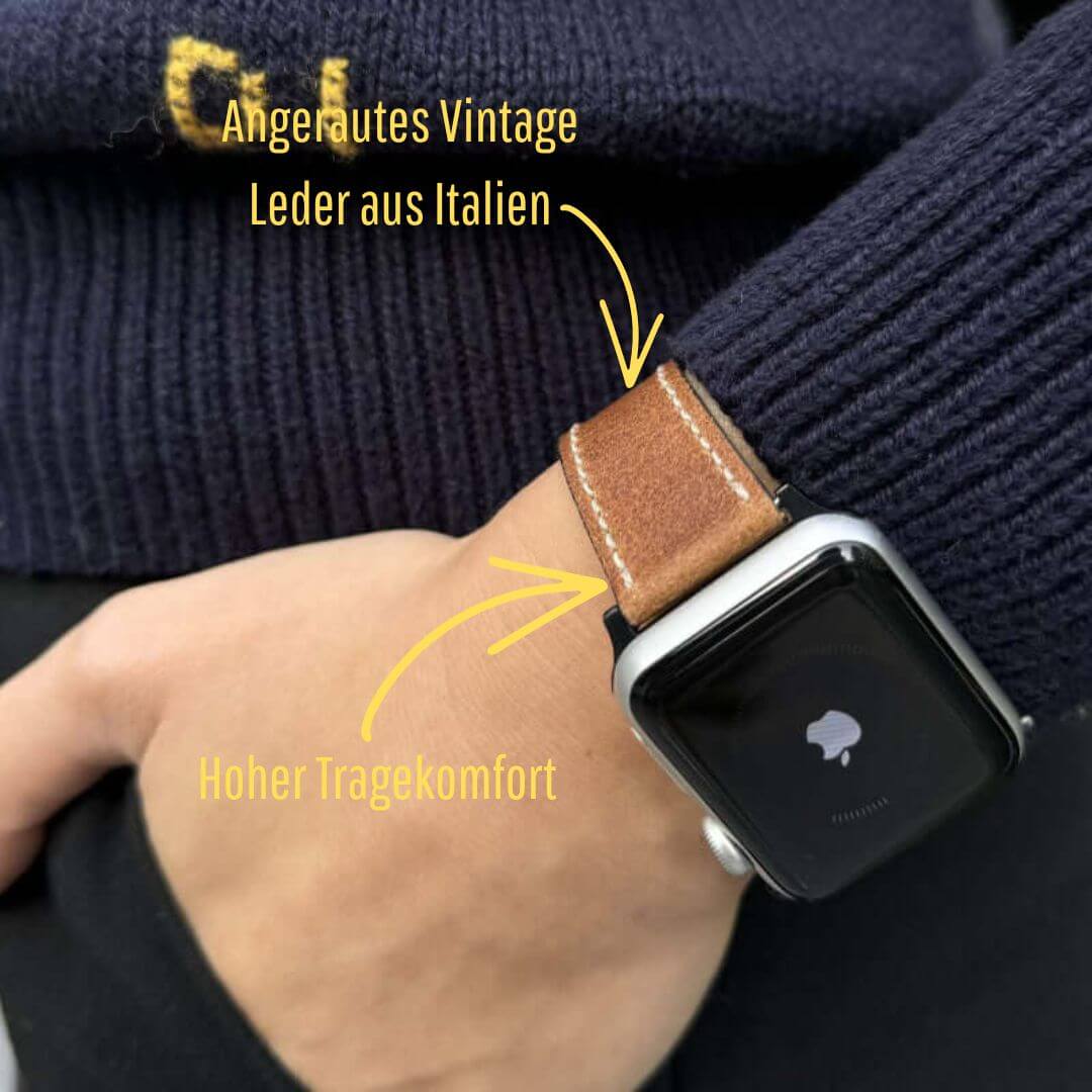 Apple Watch Lederarmband Vintage – Hellbraun aus italienischem Rindleder am Handgelenk, rustikaler Look und hoher Tragekomfort.