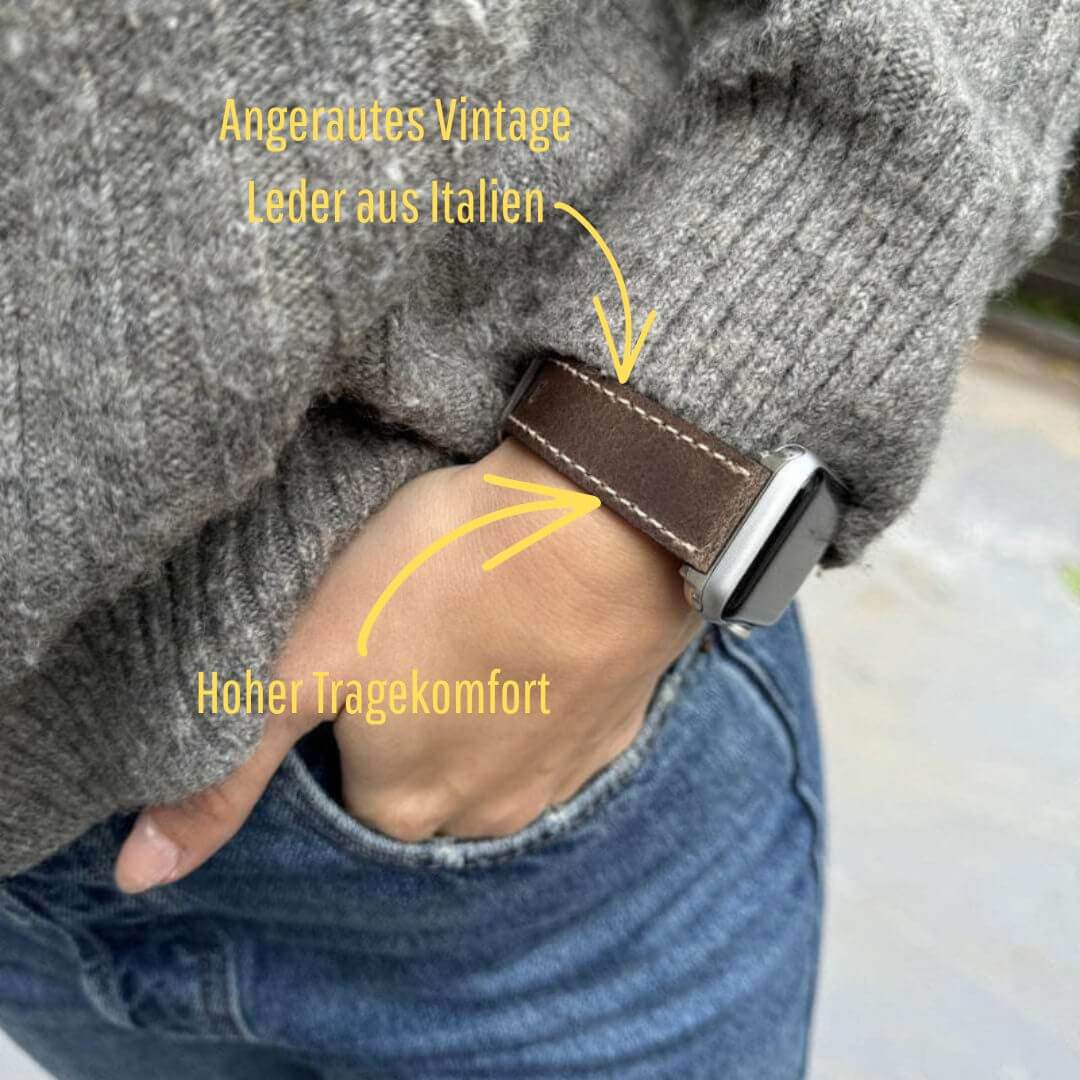 Apple Watch Lederarmband Vintage – Dunkelbraun aus italienischem Leder, getragen am Handgelenk, rustikaler Stil, hoher Tragekomfort.