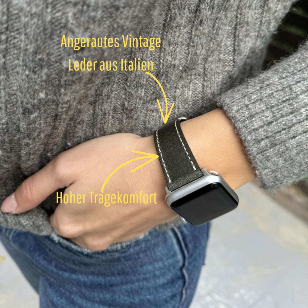 Apple Watch Lederarmband Vintage – Dunkelgrün am Handgelenk, gefertigt aus italienischem Leder, kombiniert rustikalen Look mit hohem Tragekomfort.