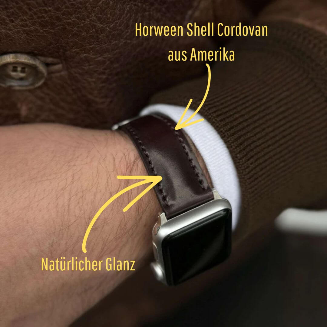 Apple Watch Armband Luxus aus Horween Shell Cordovan in Oxblood, stilvolles Lederarmband am Handgelenk