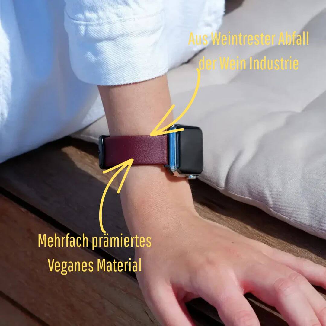 Apple Watch Lederarmband Vegan aus Weinleder – Bordeaux am Handgelenk, hergestellt aus Weinabfällen, in elegantem Bordeauxrot.