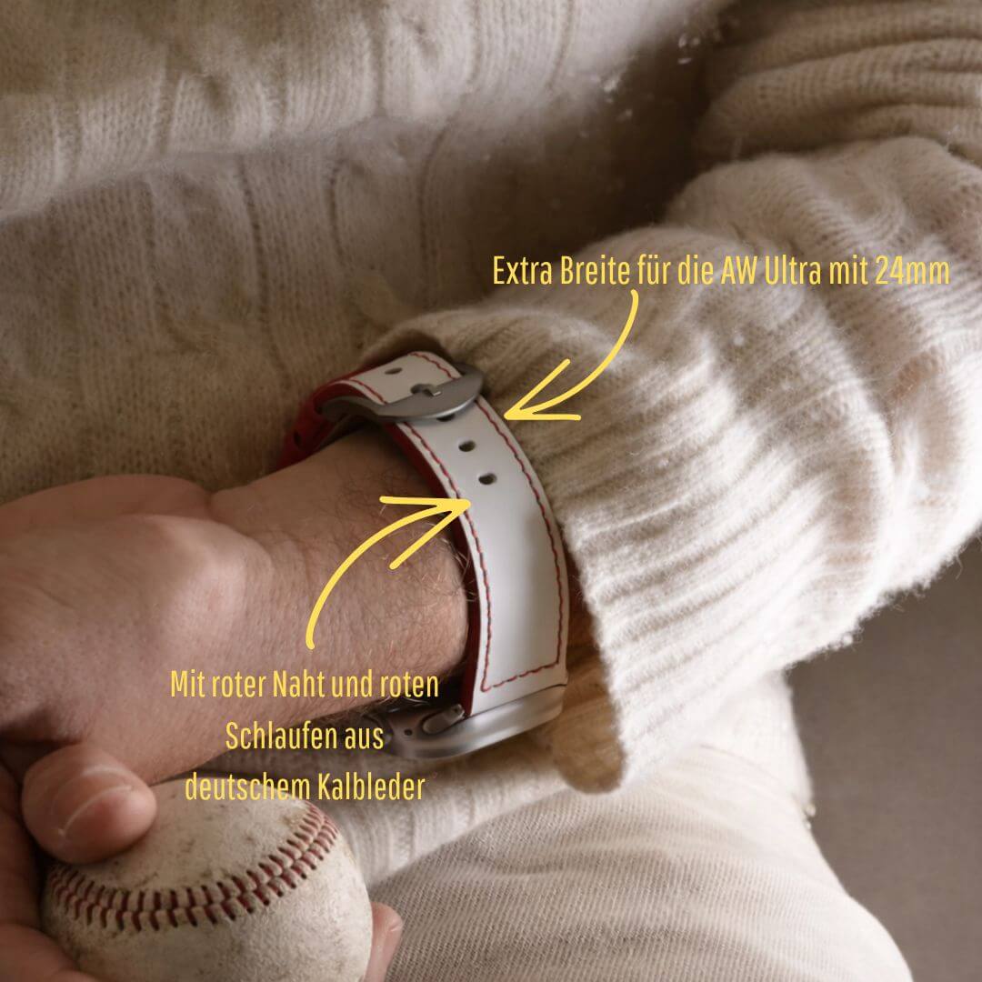 Das Sandlot – Weißes Baseball-Leder Apple Watch Band, inspiriert von Baseball-Textur, extra breit für AW Ultra, deutsches Kalbleder.