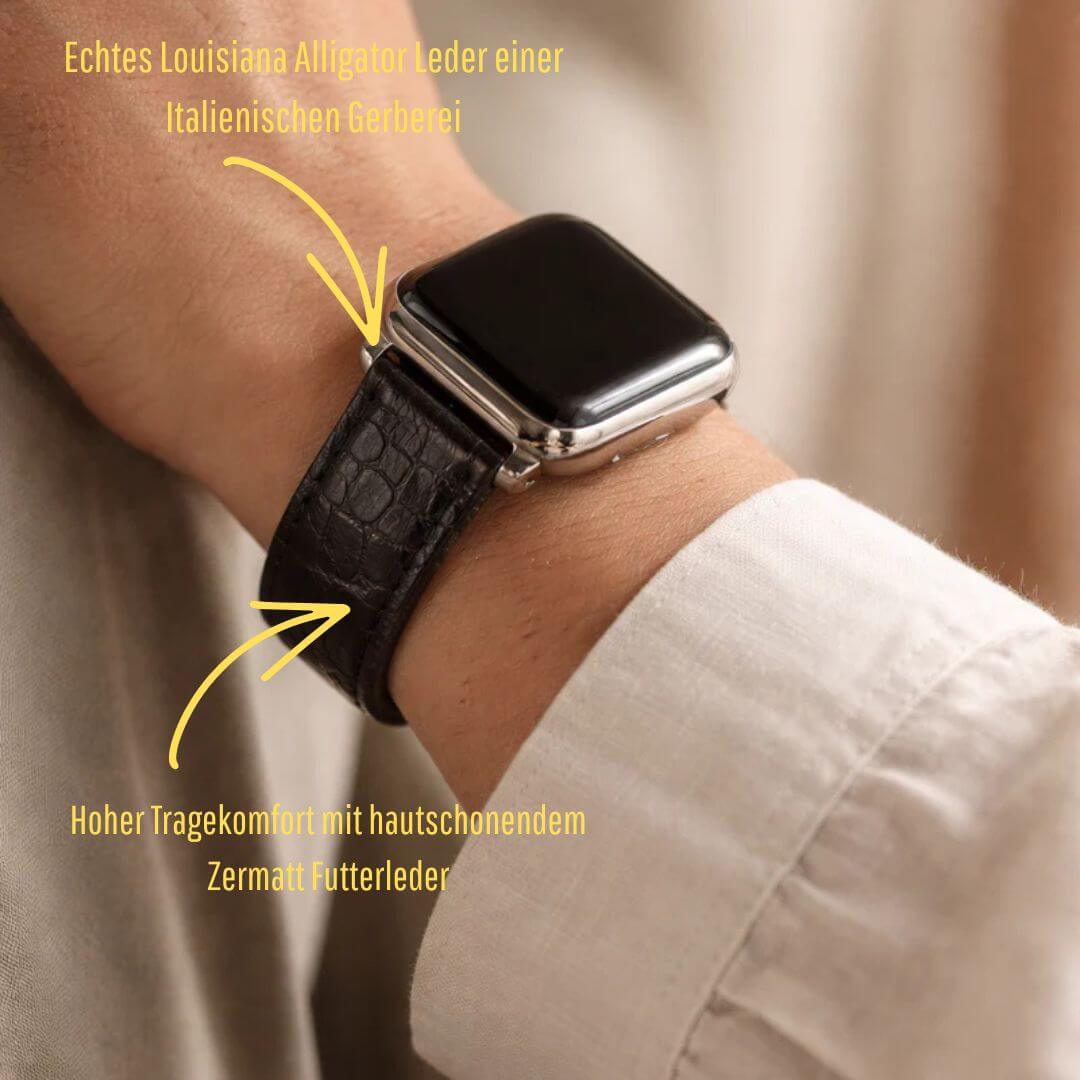 Schwarzes Apple Watch Armband Echt Alligator aus Louisiana-Leder am Handgelenk