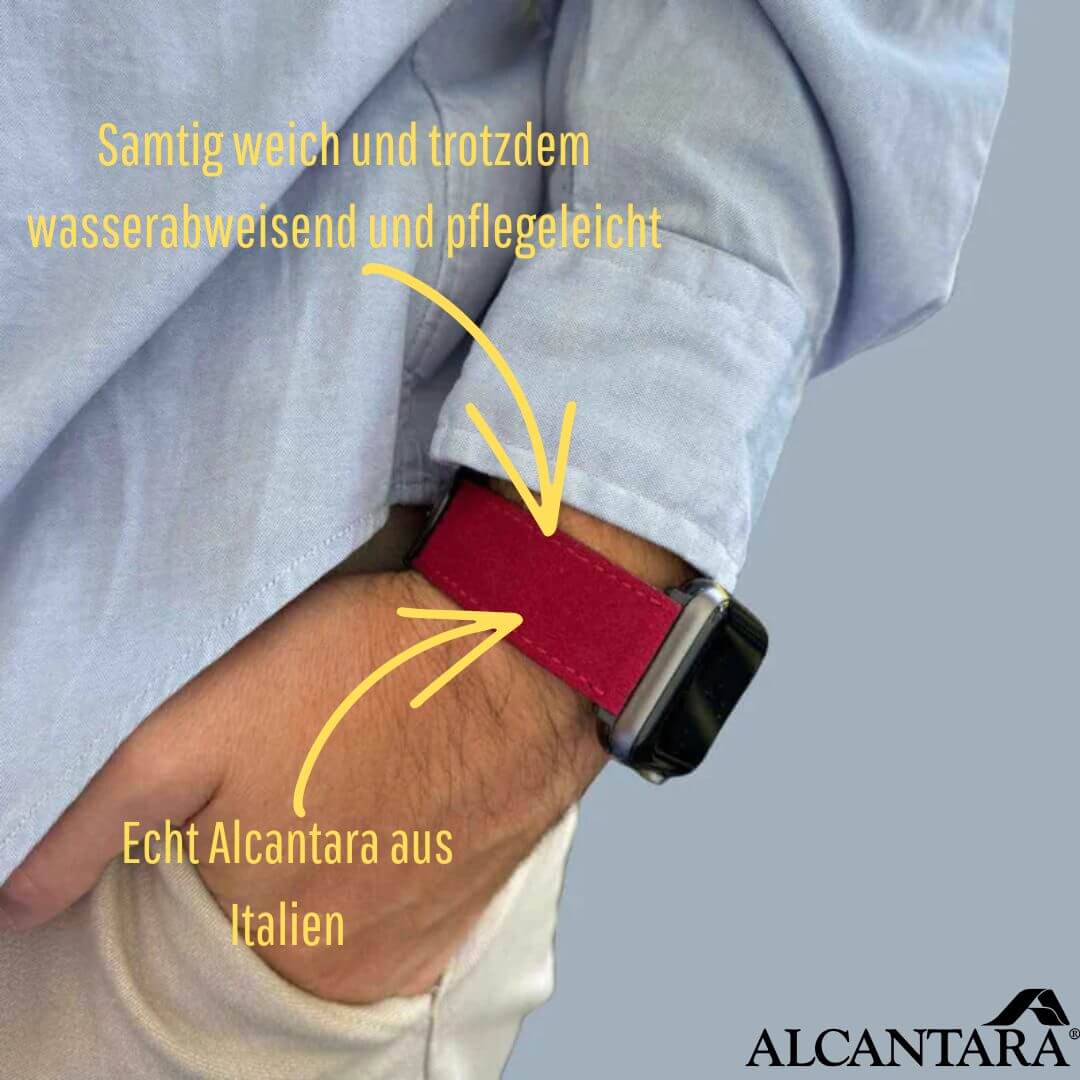Alcantara – Apple Watch Armband in Rot an einem Handgelenk getragen, stilvolles Design und hochwertige Verarbeitung.