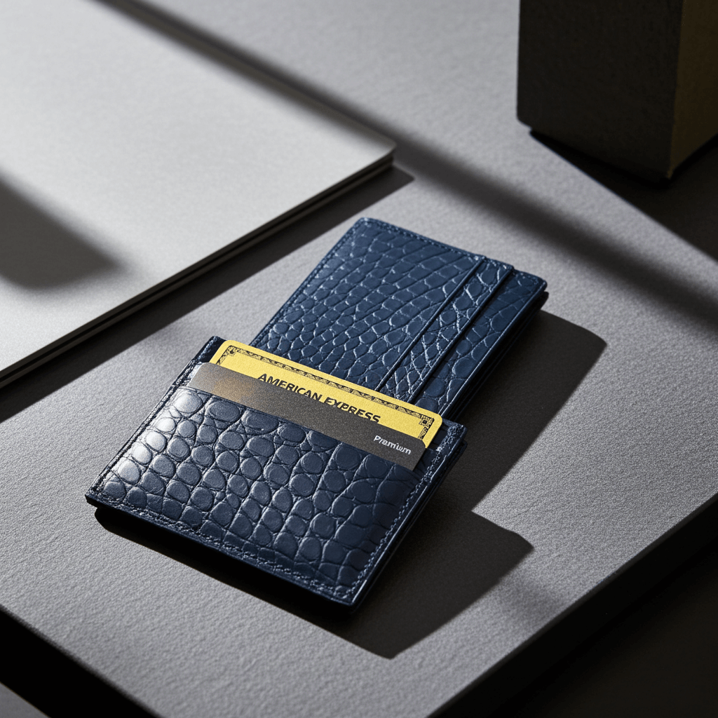 Luxus Louisiana Slim Kredit Karten Etui Blue aus Alligator- und Ziegenleder, elegant und langlebig, geeignet für bis zu 6 Karten.