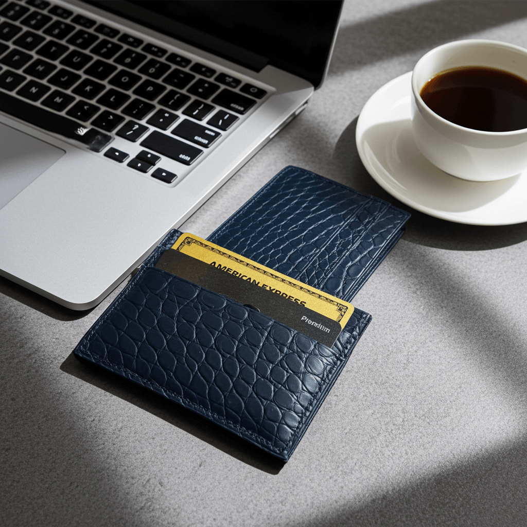 Louisiana Slim Kredit Karten Etui Blue aus Alligatorleder neben Laptop und Kaffeetasse, luxuriöses Kreditkartenetui für Herren.