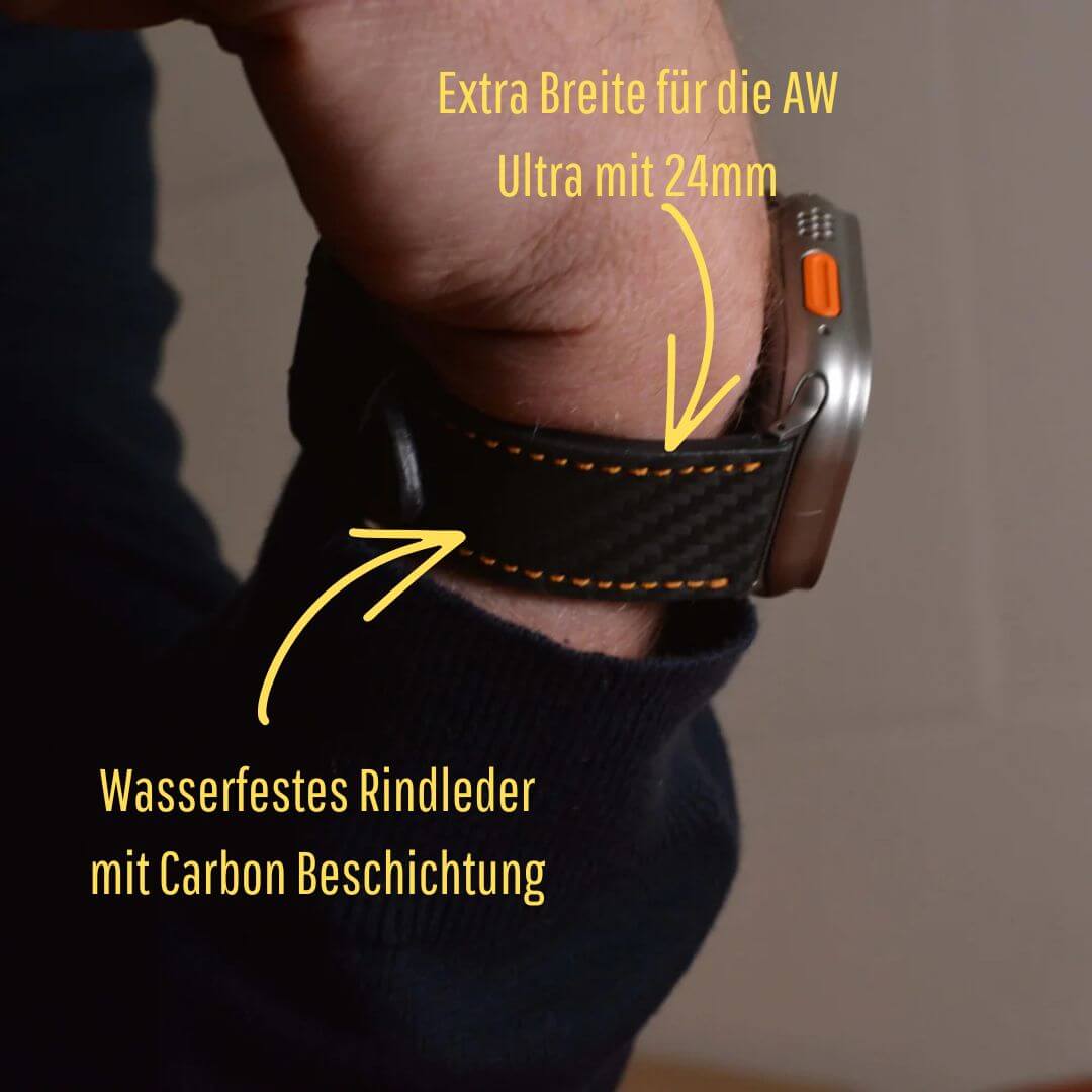 Bergwerk Carbon Orange – Apple Watch Band mit hochwertiger LederCarbon-Struktur, wasserdichtes Rindleder mit Carbon-Beschichtung.