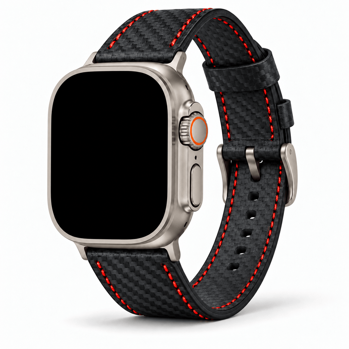 Bergwerk Carbon Rot – Apple Watch Band mit hochwertiger LederCarbon-Struktur und rotem Ziernähten aus Leder.