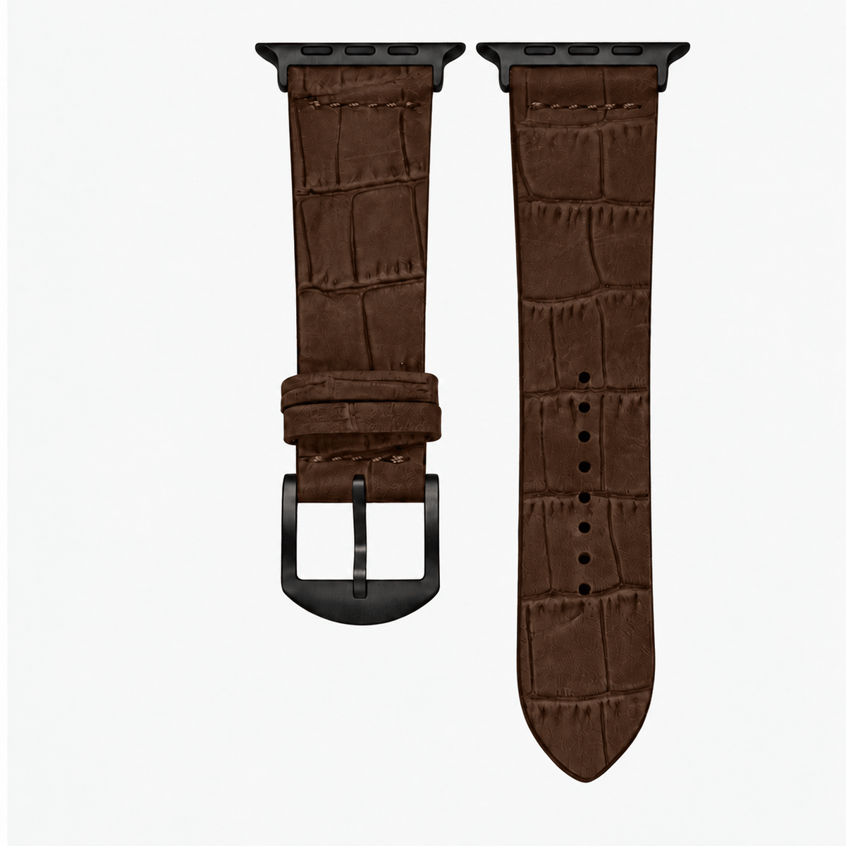 Dakkar Dunkelbraun – 24 mm Apple Watch Ultra Lederarmband in Kroko-Optik, dunkelbraune Krokoprägung mit schwarzer Schnalle.