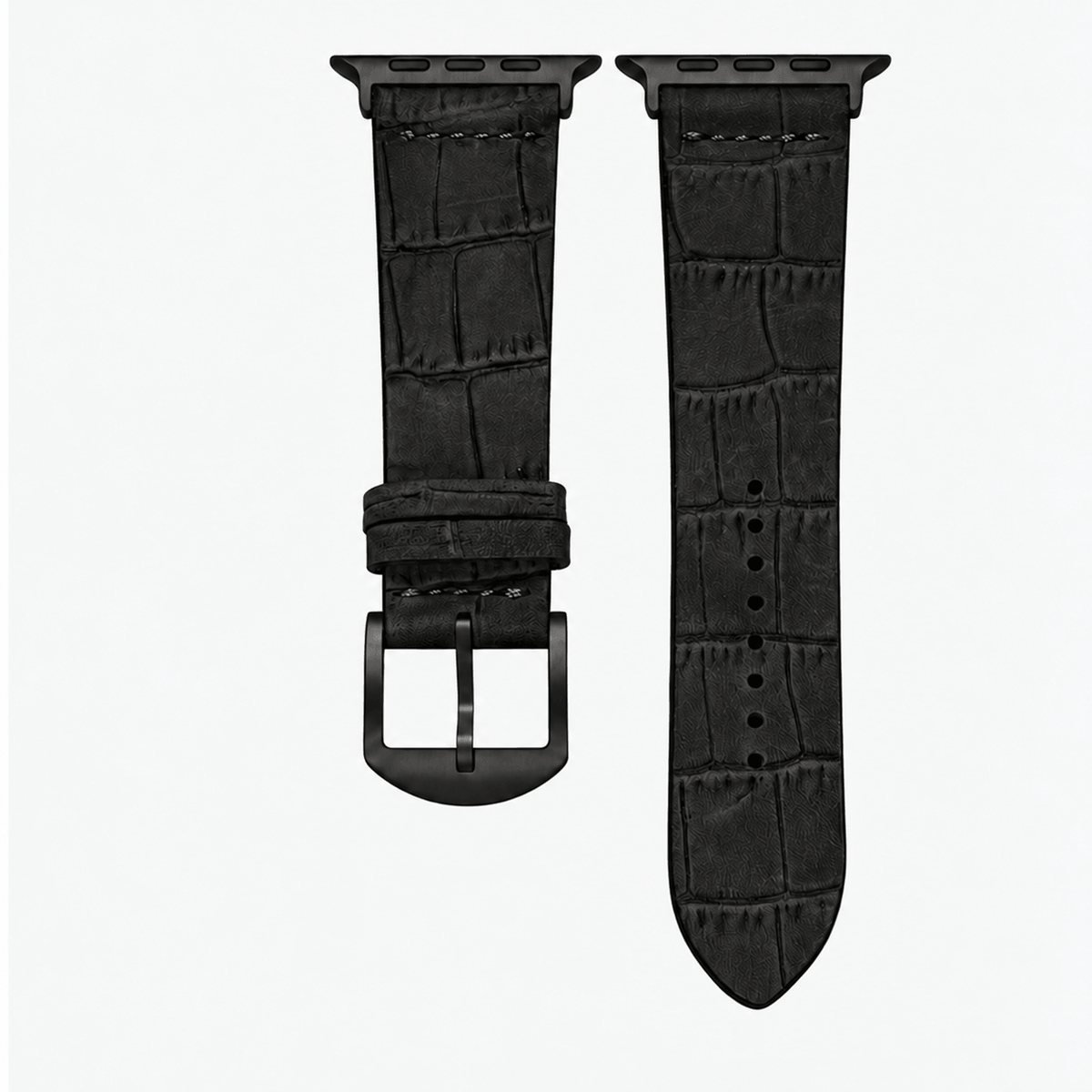 Dakkar Schwarz – 24 mm Apple Watch Ultra Lederarmband in Kroko-Optik, schwarzes Nubukleder mit Krokoprägung.