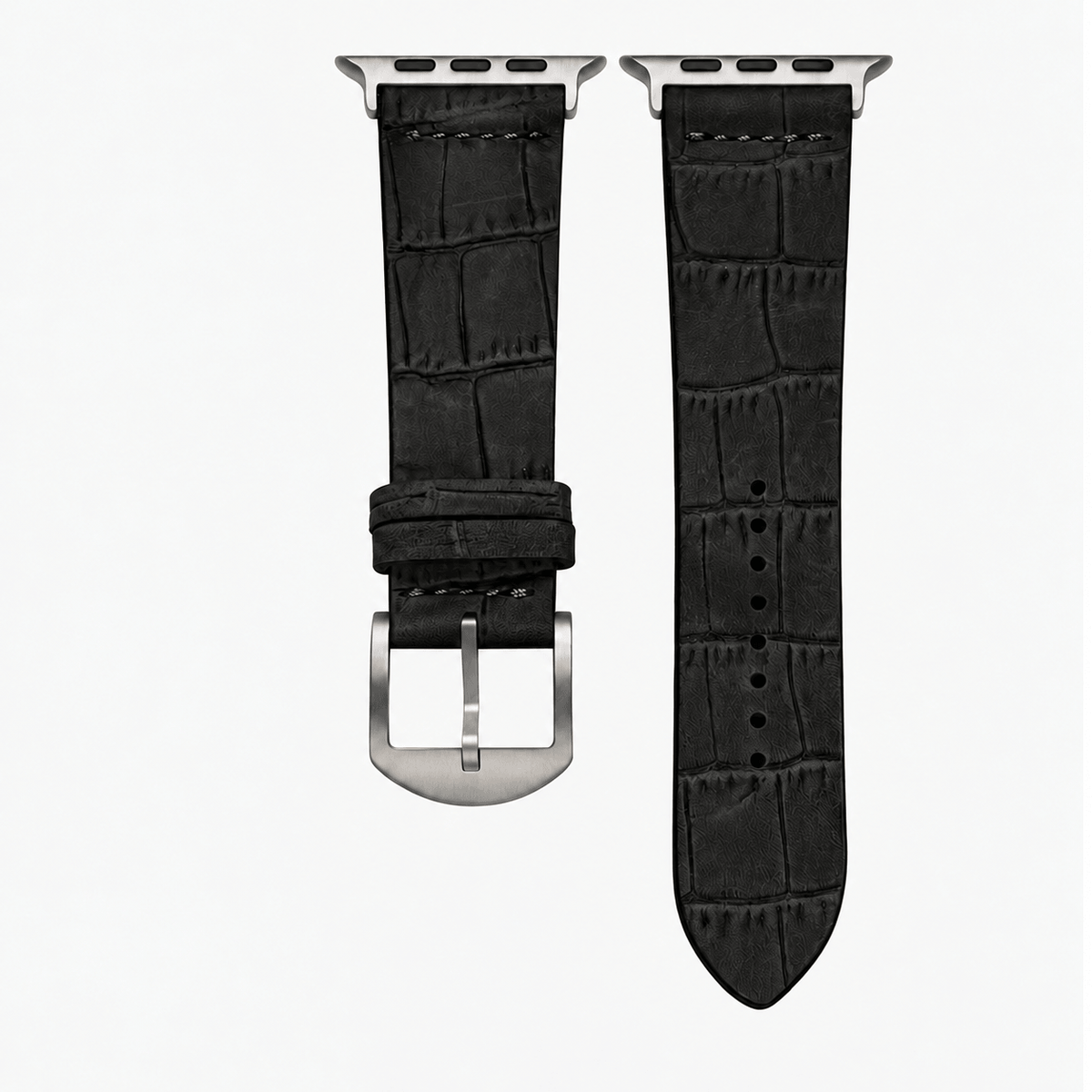 Dakkar Schwarz – 24 mm Apple Watch Ultra Lederarmband in Kroko-Optik, edles schwarzes Nubukleder mit Krokoprägung.