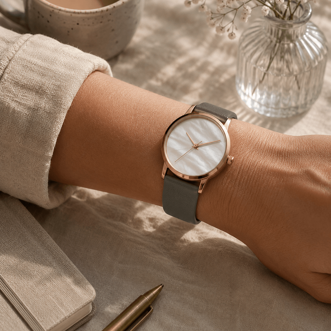 Holiday – Feines Uhrenarmband aus Leder für Damenuhren an eleganter Hand mit grauem Kalblederarmband.