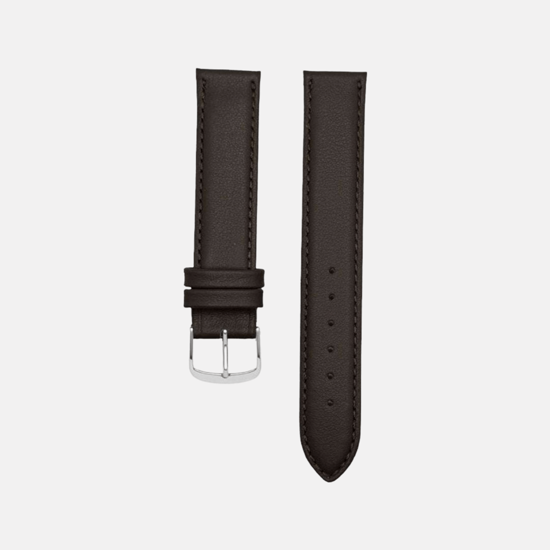 Uhrenarmband extra lang in dunkelbraun mit silberner Schließe, perfekt für jede Uhr.