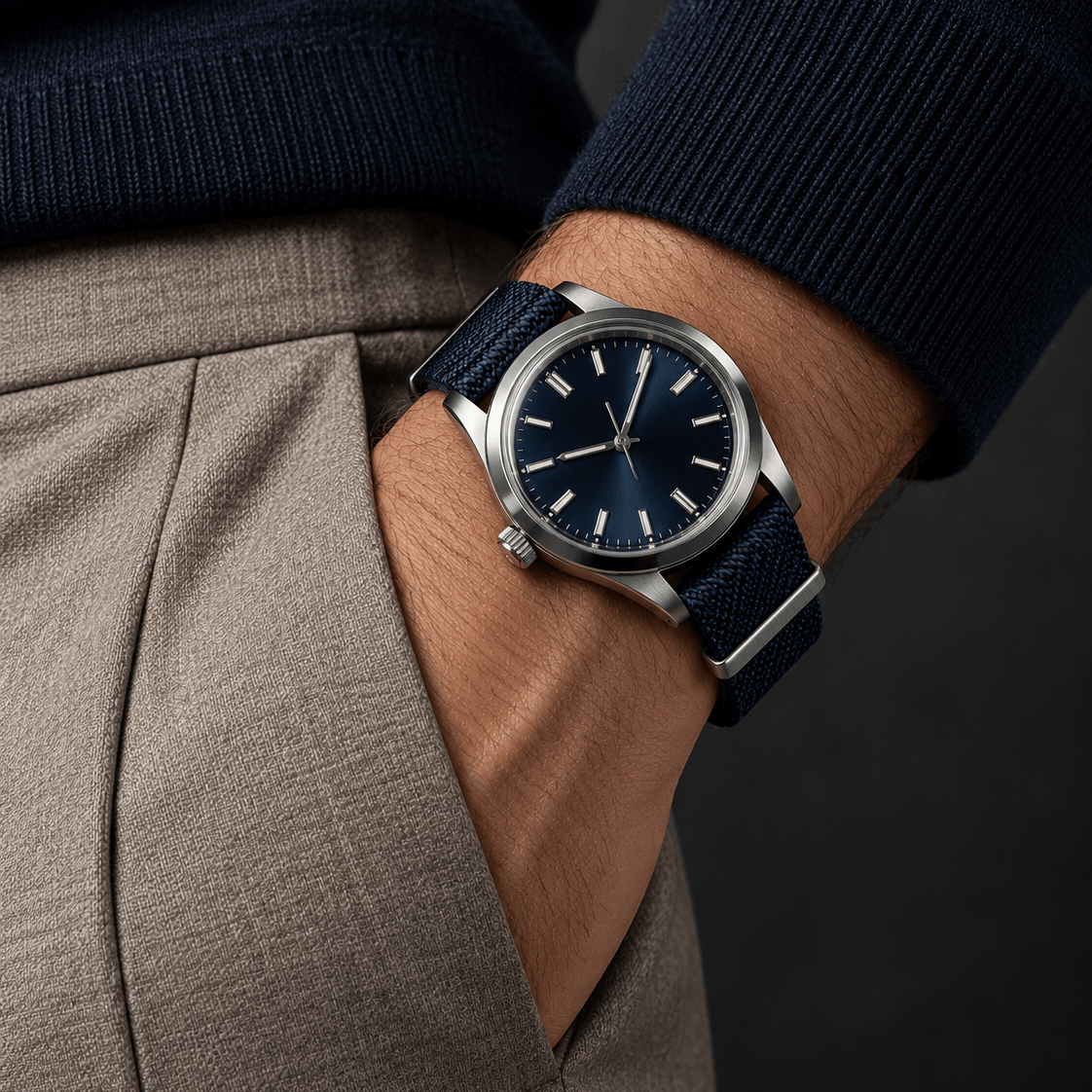 Durchzugsband Cotton – Uhrenarmband aus Nylon-Gewebe an einer eleganten Uhr am Handgelenk.