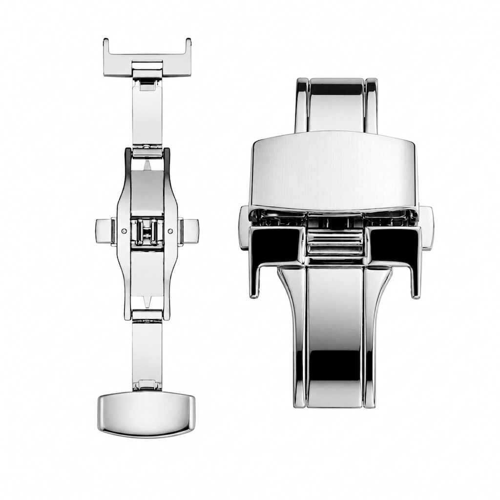 Edelstahl Faltschließe für Leder-Uhrenarmbänder im eleganten Butterfly-Design aus gehärtetem Edelstahl in Silber.