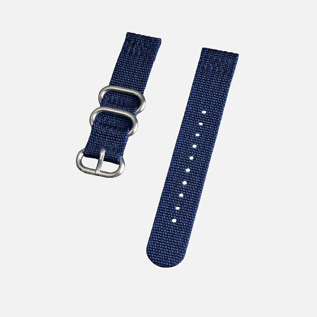 Cotton – Zweiteiliges Nylon-Uhrenarmband im Textil-Look in Dunkelblau mit robusten Metallschnallen.