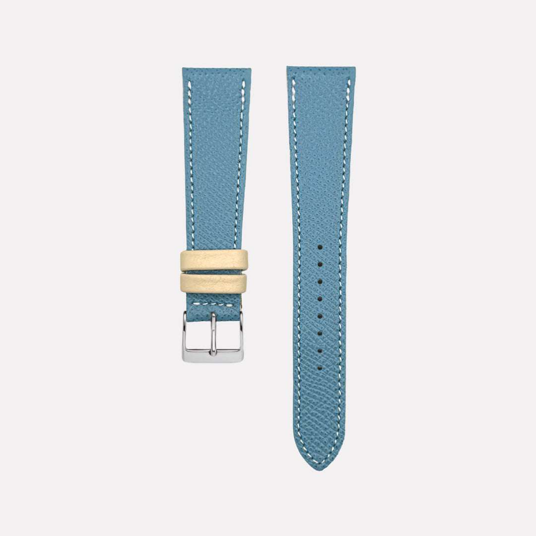Hellblaues Uhrenarmband aus hochwertigem Leder – Freistelleransicht des Armbands, strapazierfähig, elegant, Made in Germany, passend für Omega Seamaster Chronograph