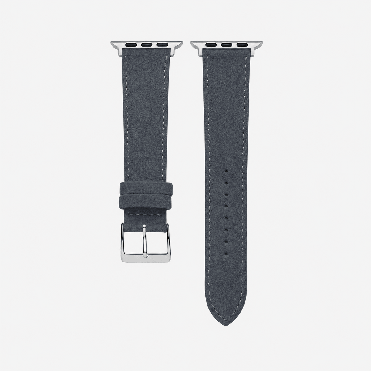 Alcantara – Apple Watch Armband in Dunkelgrau, hochwertiges Alcántara mit silberner Hardware und moderne Eleganz.