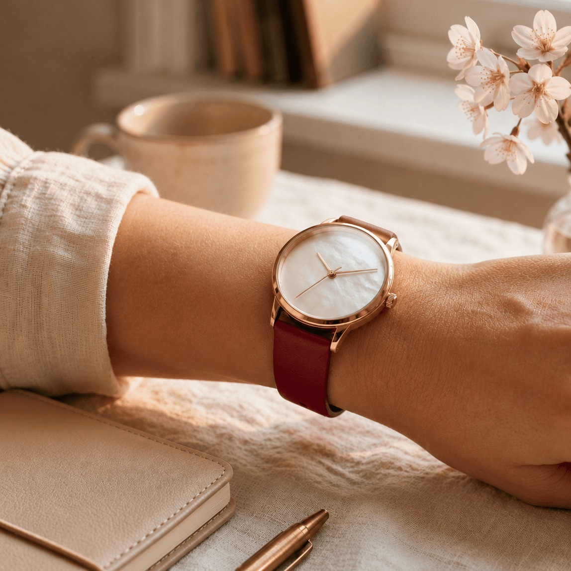 Holiday – Feines Uhrenarmband aus Leder für Damenuhren, elegantes Kalblederarmband am Handgelenk.