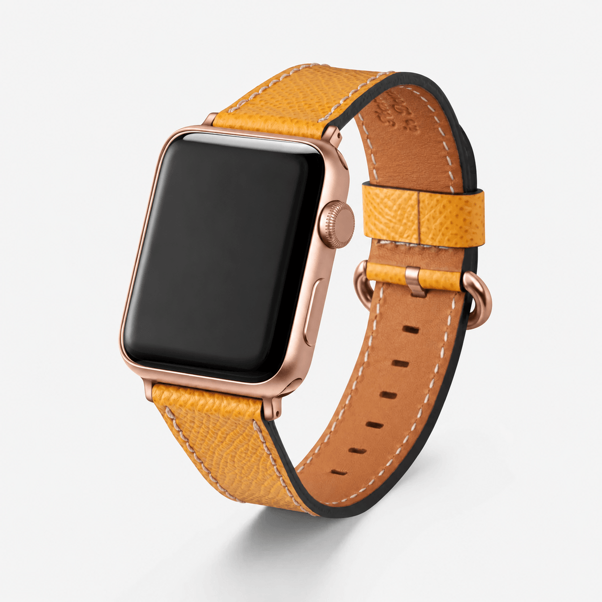 Luxuriöses Apple Watch Lederarmband Damen Cupertino Gelb in Gelb mit rosegoldenem Gehäuse.