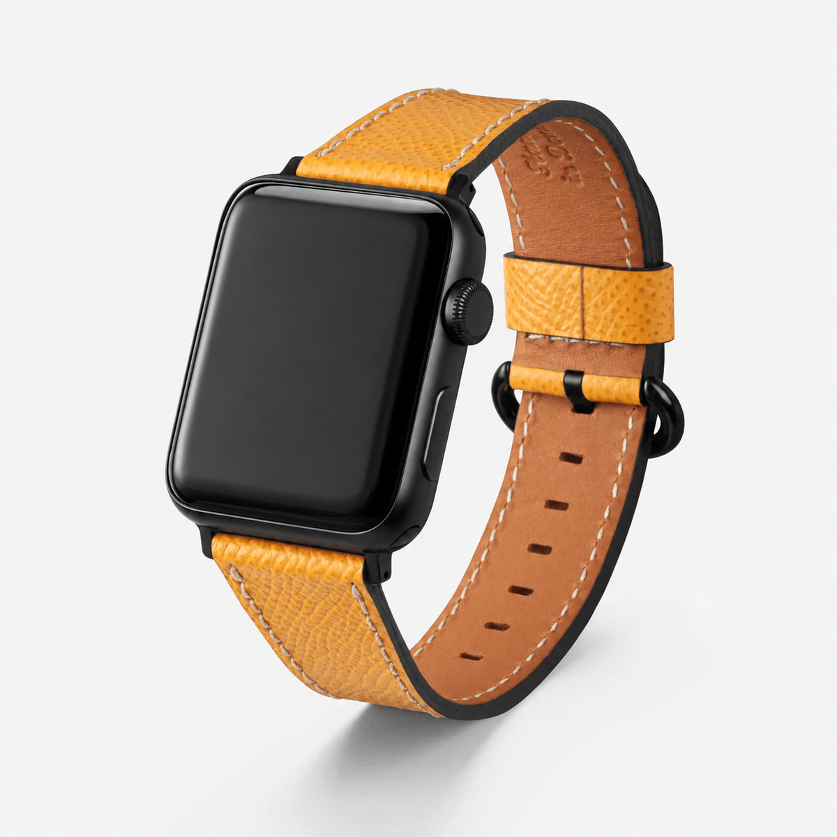 Luxuriöses Apple Watch Lederarmband Damen Cupertino Gelb mit einem modernen Gelben Design.