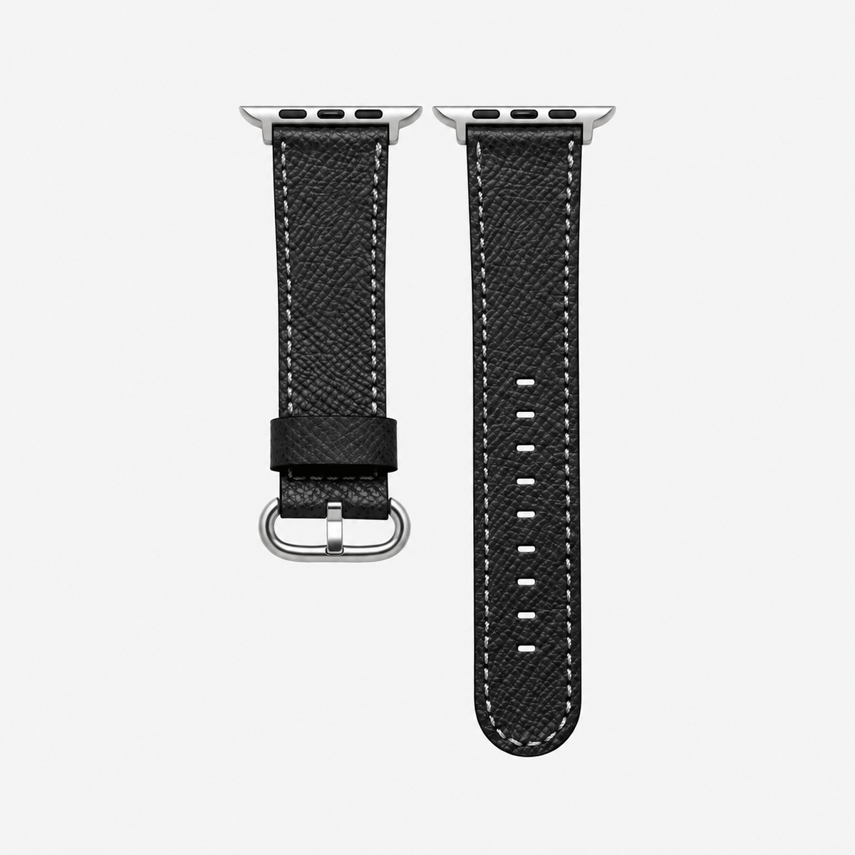 Luxuriöses Apple Watch Lederarmband Damen Cupertino Schwarz aus hochwertigem Epsom Kalbleder mit silberner Hardware.