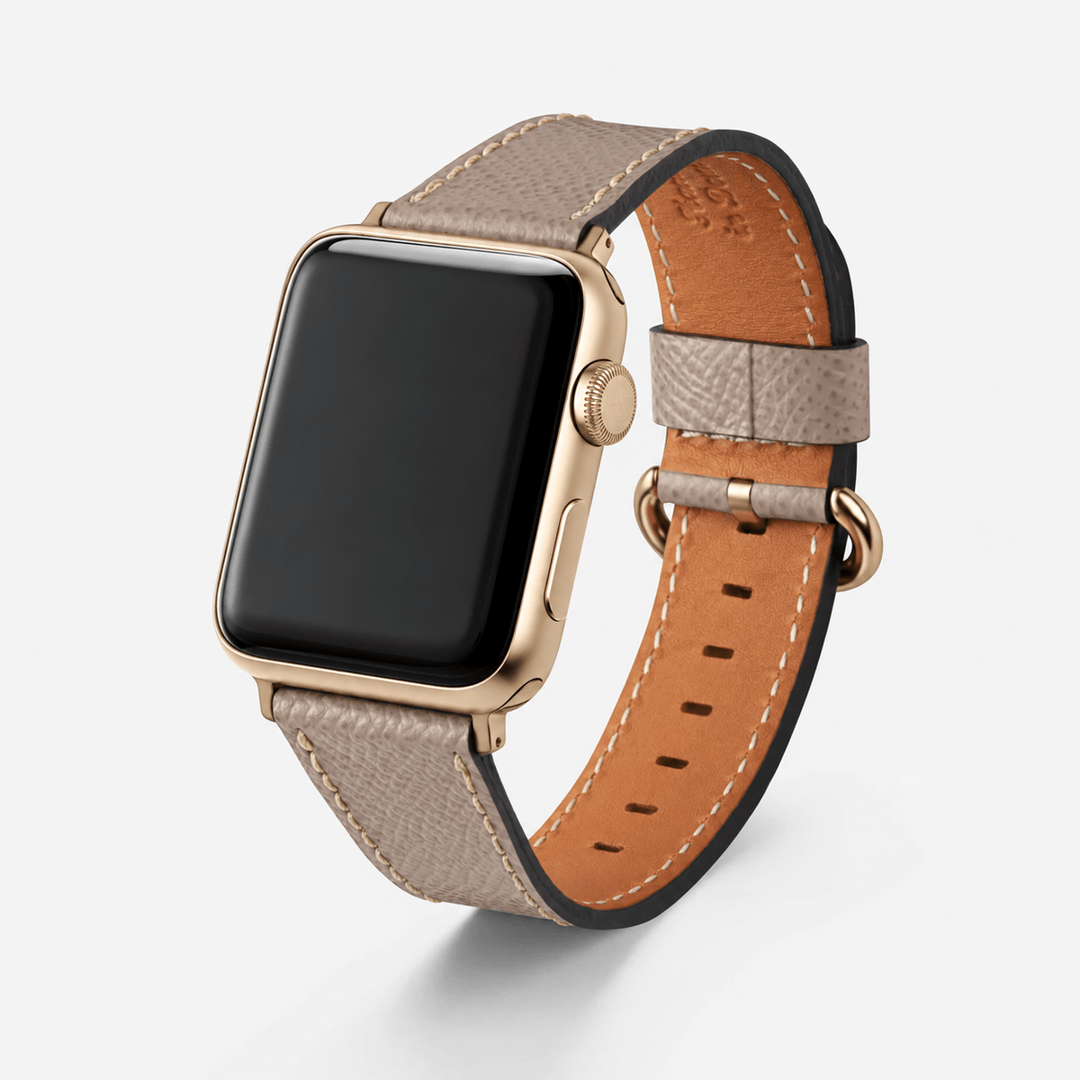 Luxuriöses Apple Watch Lederarmband Damen Cupertino Taupe in elegantem Taupe mit goldenem Gehäuse