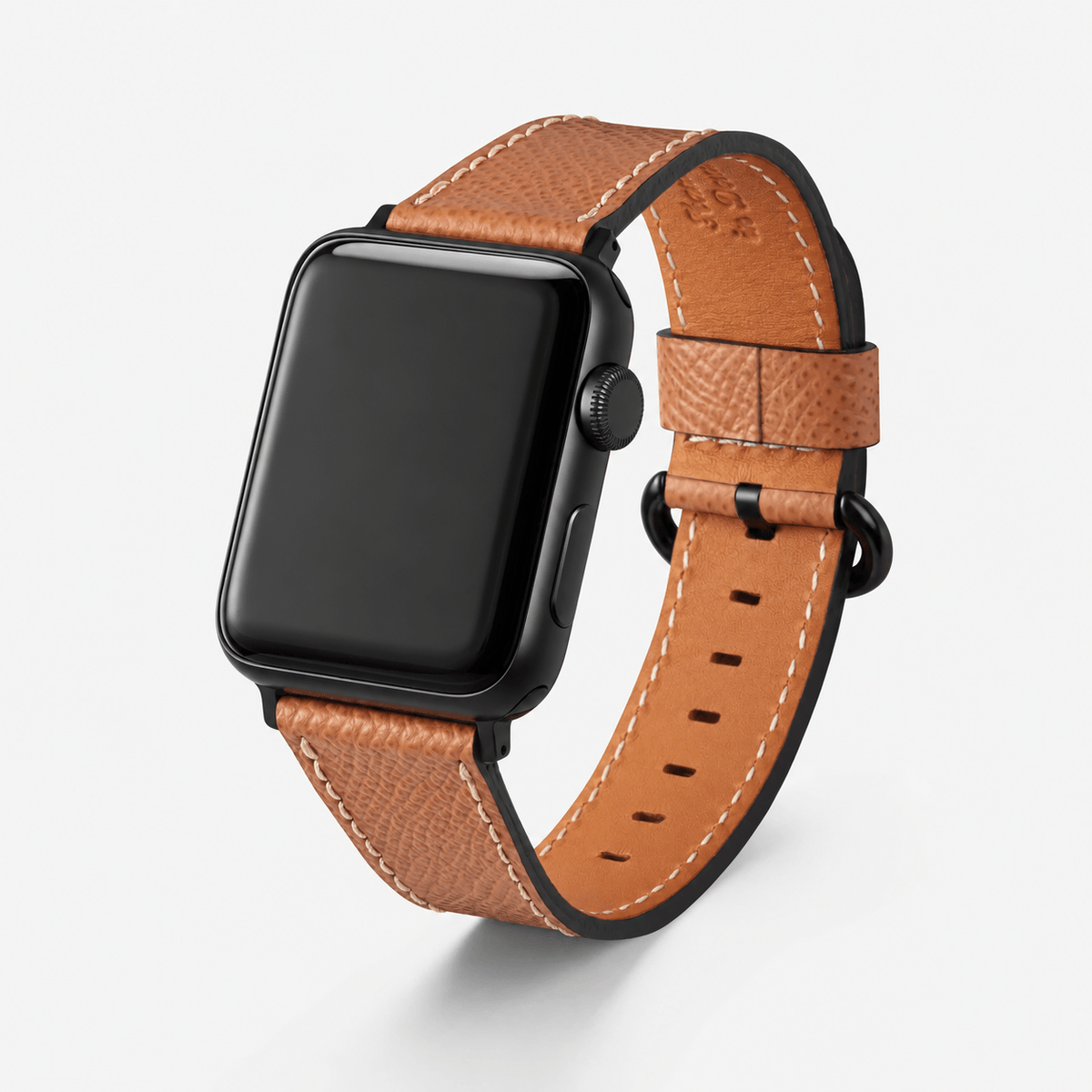 Luxuriöses Apple Watch Lederarmband Damen Cupertino Hellbraun auf schwarzer Uhr, elegante Verarbeitung.