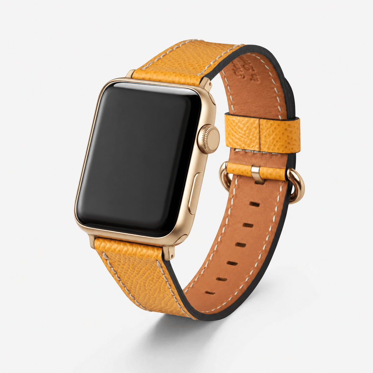 Luxuriöses Apple Watch Lederarmband Damen Cupertino Gelb in gelb und braun, elegant und strapazierfähig.