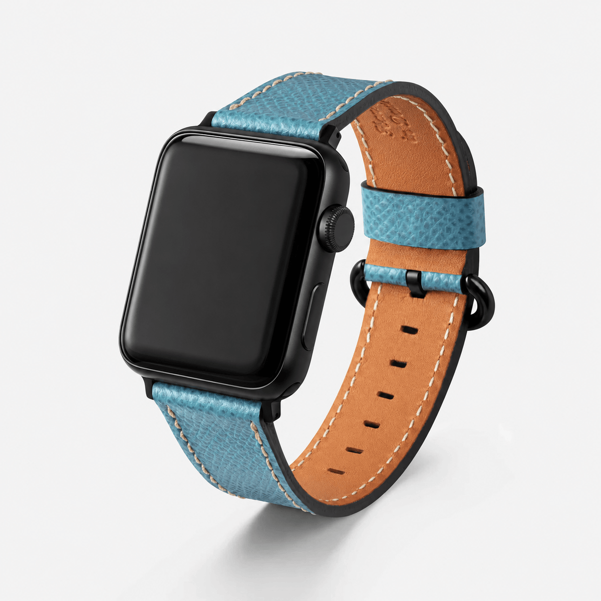 Luxuriöses Apple Watch Lederarmband Damen Cupertino Hellblau in Hellblau mit brauner Innenseite.