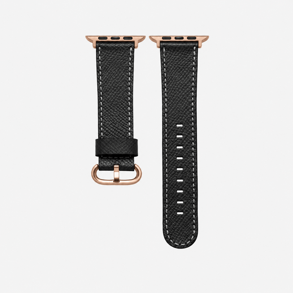 Luxuriöses Apple Watch Lederarmband Damen Cupertino Schwarz in hochwertigem Epsom Kalbleder mit rosegoldener Hardware.