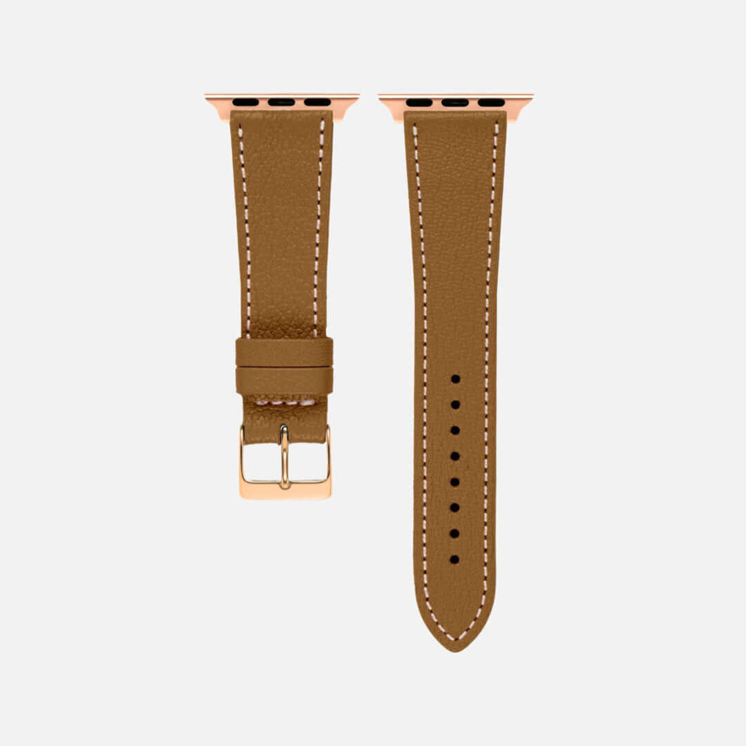 Mhyre kurzes Apple Watch Armband- Biarritz in eleganter brauner Lederoptik mit hochwertigem Alran und Zermatt Leder für Komfort.