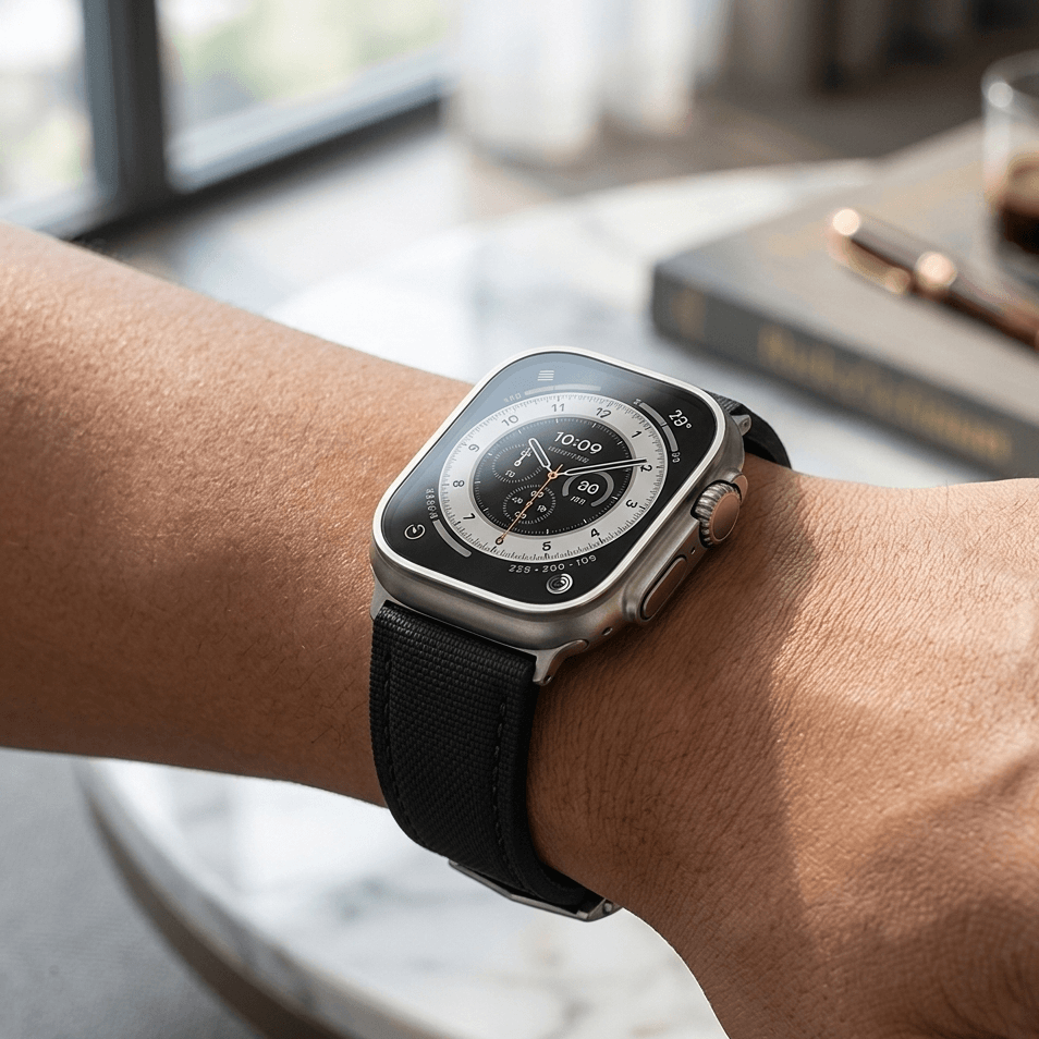 Monaco Schwarz – Faltschließen Apple Watch aus FKM Kautschuk am Handgelenk mit modernem Design.