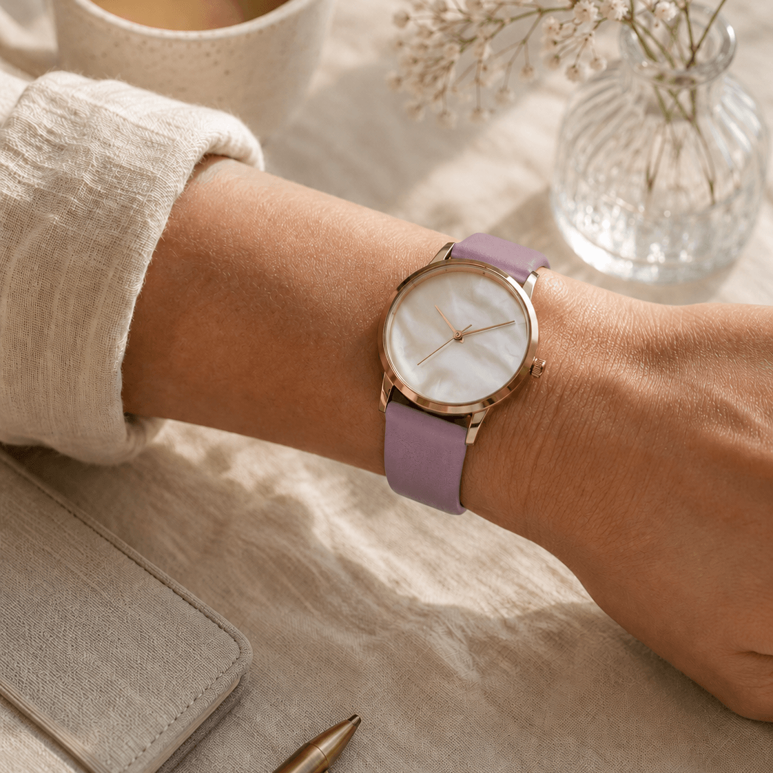 Holiday – Feines Uhrenarmband aus Leder für Damenuhren an einem Handgelenk mit elegantem lila Armband.