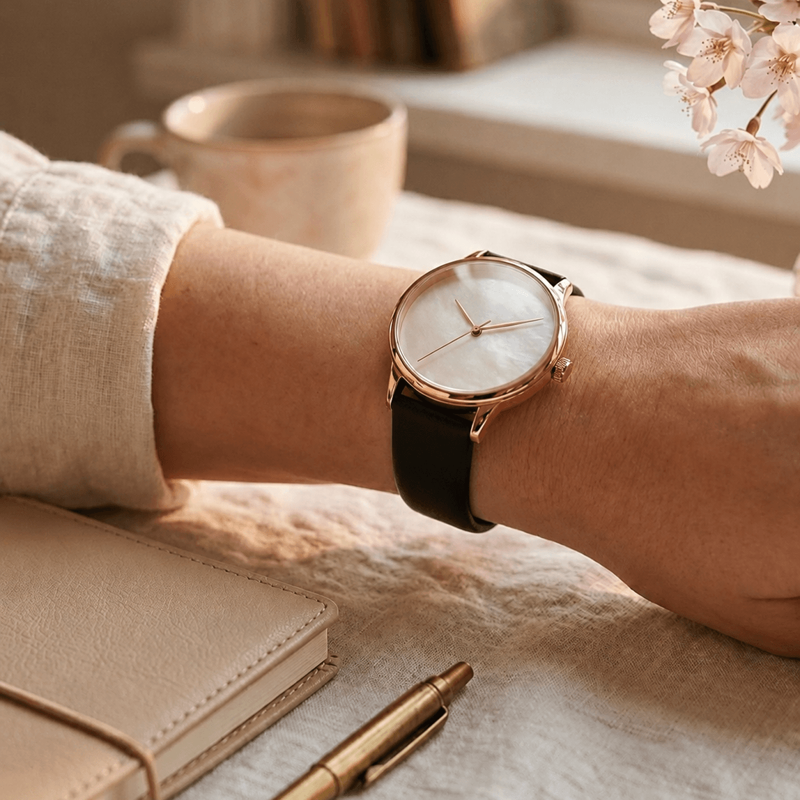 Holiday – Feines Uhrenarmband aus Leder für Damenuhren an eleganter Handfläche neben Notizbuch und Tasse.