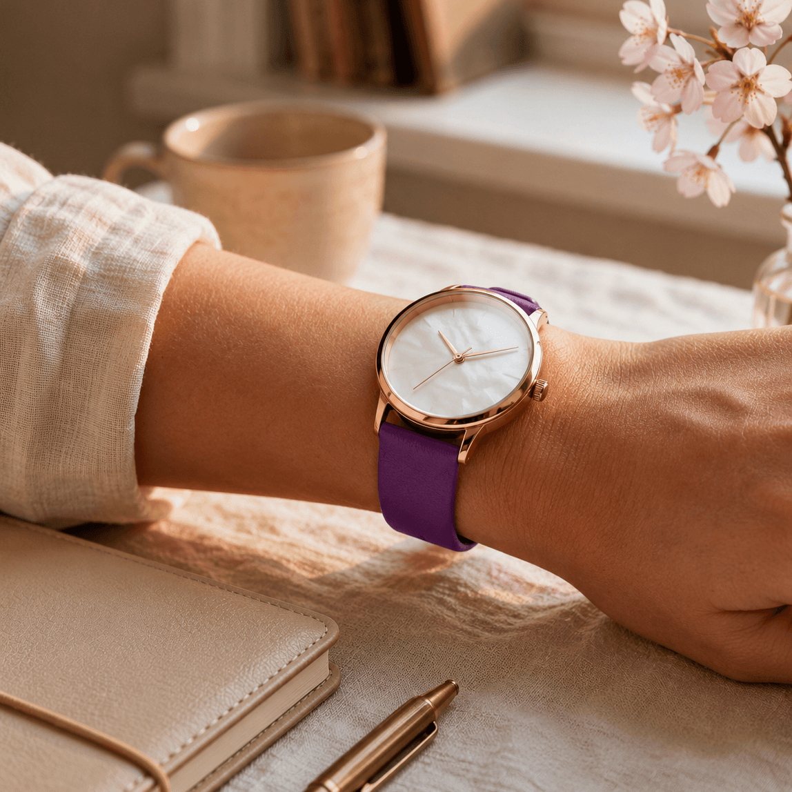Holiday – Feines Uhrenarmband aus Leder für Damenuhren an Handgelenk mit lila Armband und eleganter Uhr.