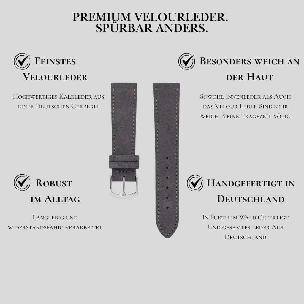 Nizza – Uhrenarmband aus feinem Wildleder, gefertigt aus hochwertigem Veloursleder, weich und robust.