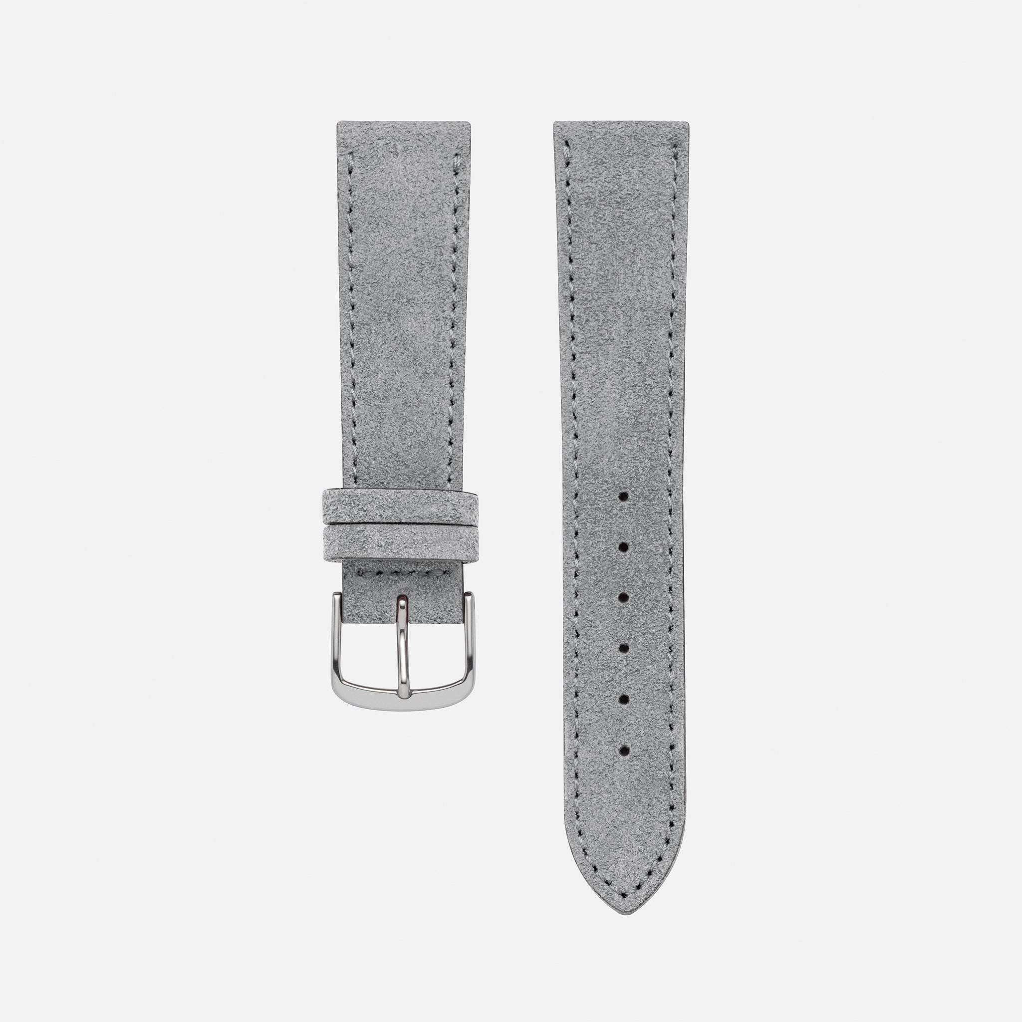 Silbernes Nizza Velourslederarmband im Freisteller, das die edle Farbe und die hochwertige Verarbeitung des Uhrenarmbands präsentiert.