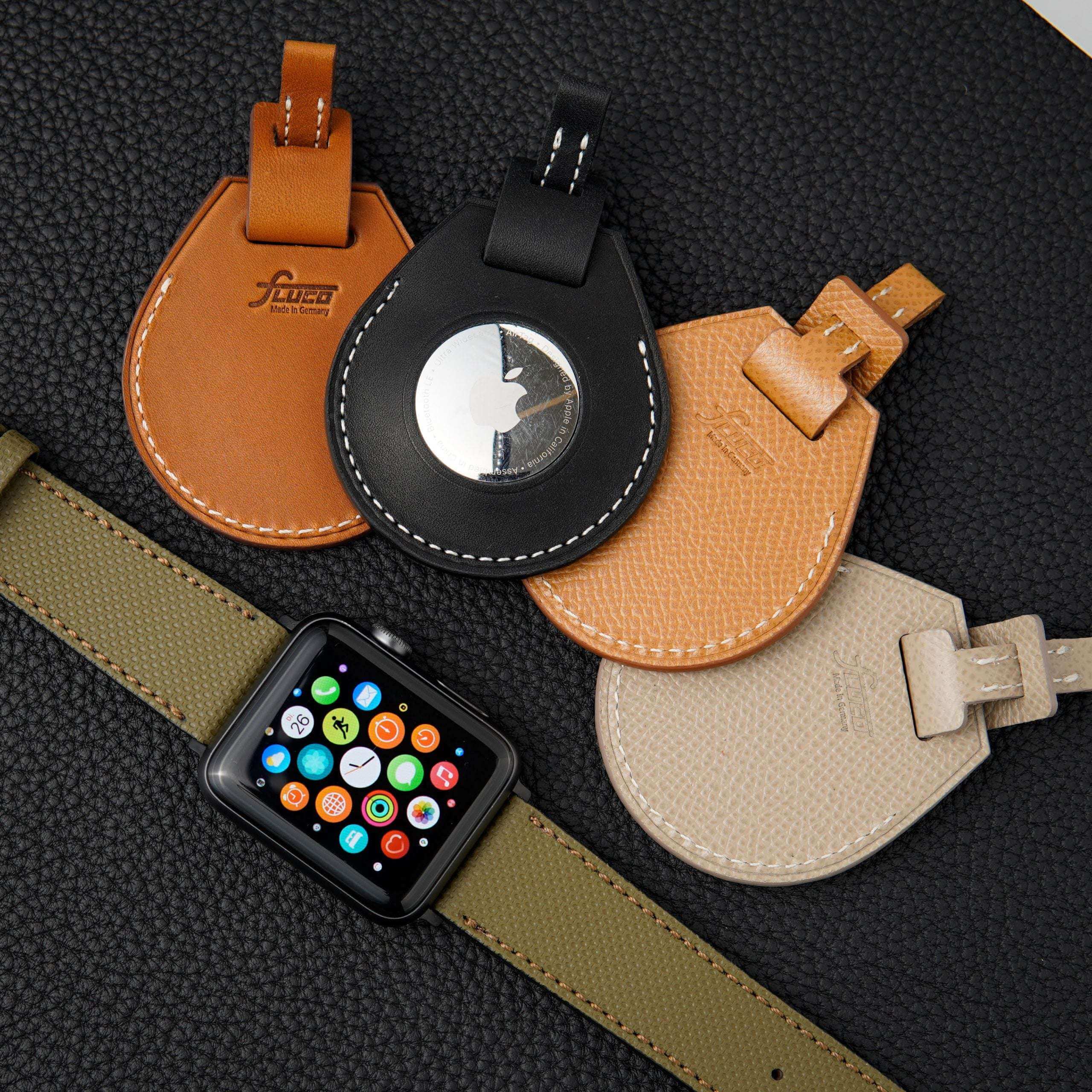 Olivgrünes wasserfestes Rindleder-Armband für Apple Watch – Schrägansicht des wasserfesten Rindsleders, strapazierfähig und langlebig, Made in Germany