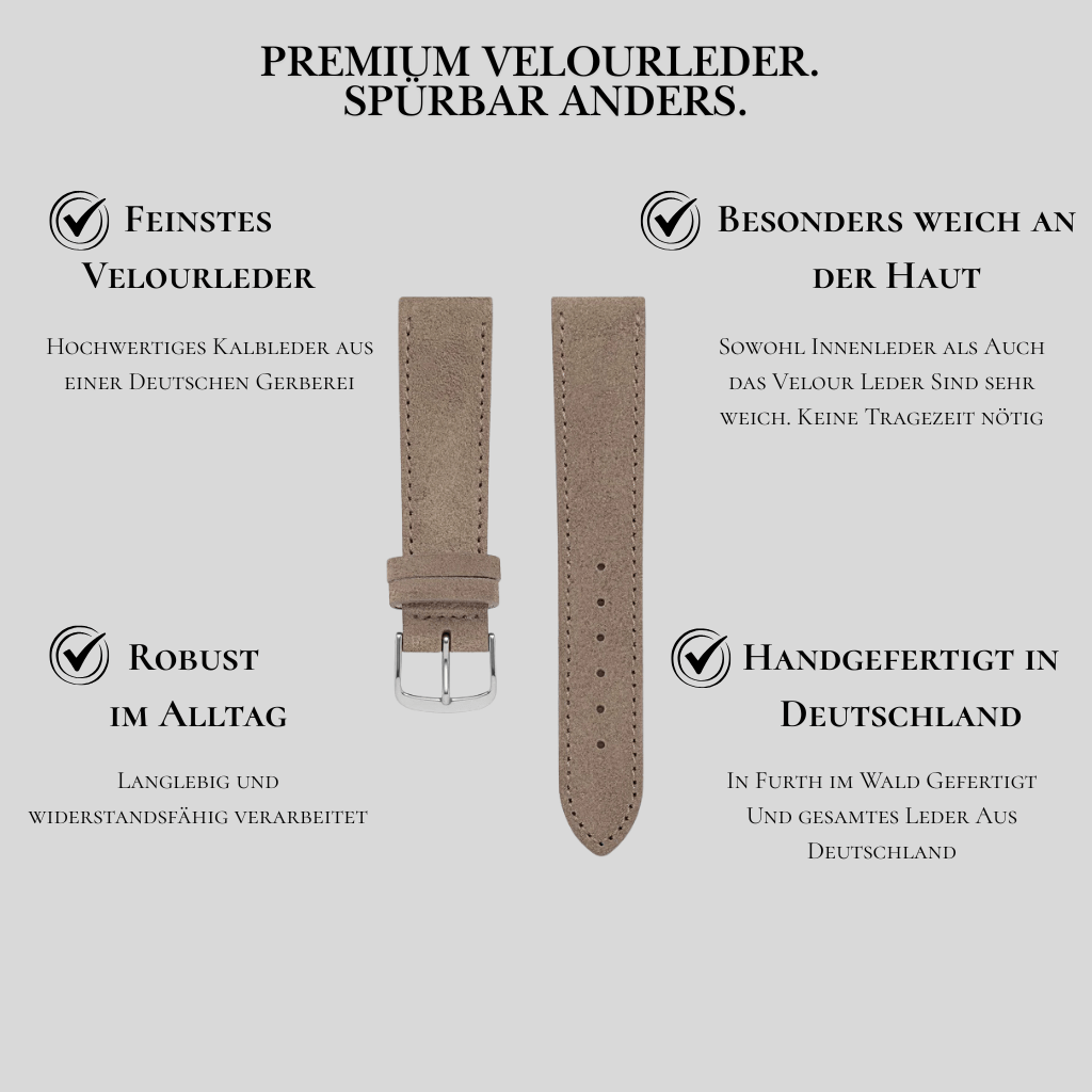 Nizza – Uhrenarmband aus feinem Wildleder, gefertigt aus hochwertigem Velourleder in Deutschland.