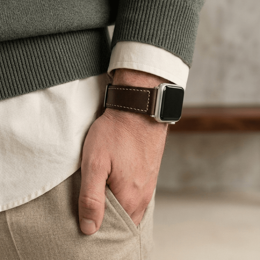 Saddle – Handgefertigtes Lederarmband passend für Apple Watch in Dunkelbraun am Handgelenk einer Person.