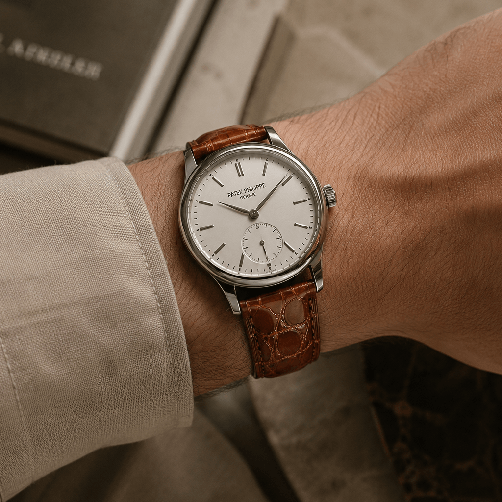 Shiny – Uhrenarmband aus glänzendem Kaimanleder an Patek Philippe Uhr, elegant und luxuriös.