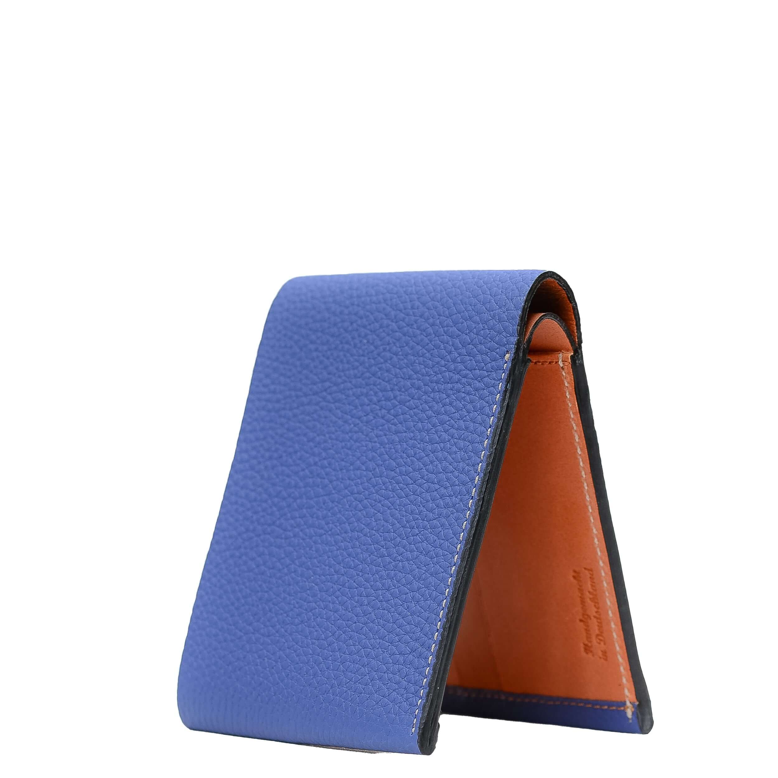 Vorgeklappter geldbeutel herren leder aus hochwertigem echtem Togo Leder in Blau, ideal für den Alltag.